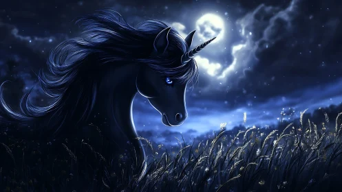 Unicorn profile in nocturnal field under illuminated moon.
