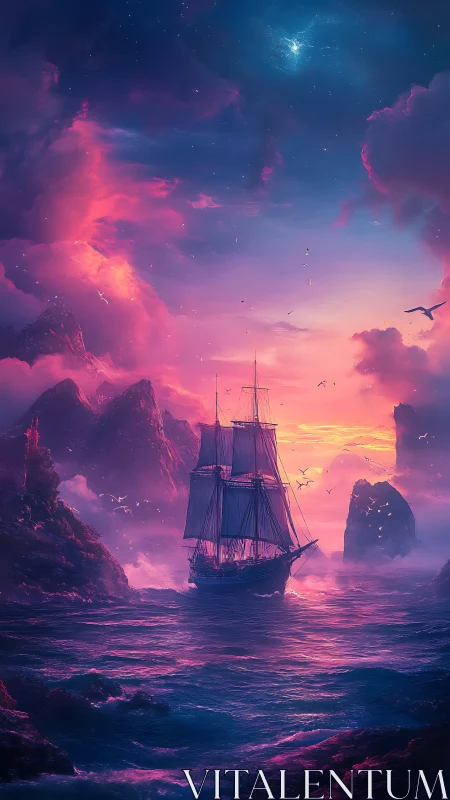 Fantasy tall ship at dusk in neon-lit celestial seascape.