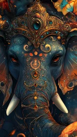 Elephant head is depicted with ornate jeweled ceremonial adornment