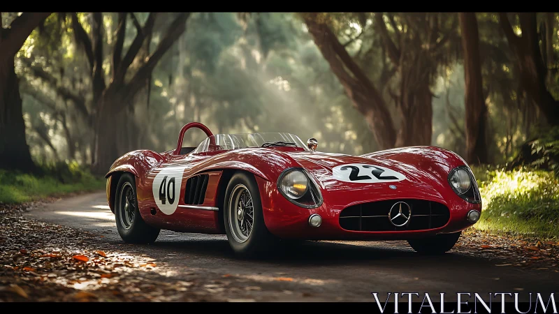 Red vintage Mercedes race car on quiet forest road.