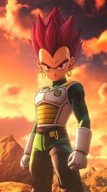 Red haired warrior stands under blazing sunset sky