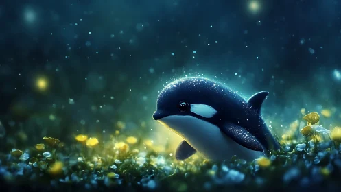 Tiny orca wanders through a glowing meadow of dreams.