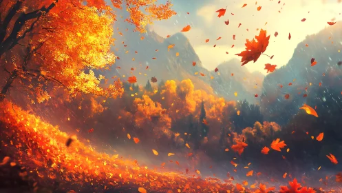 Digital landscape shows autumn forest and distant mountains