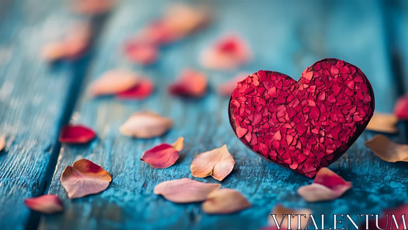 Red Heart Composition with Rose Petals on Blue Surface