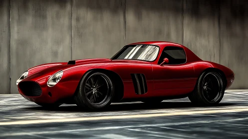 Low-slung red retro sports coupe in industrial studio lighting