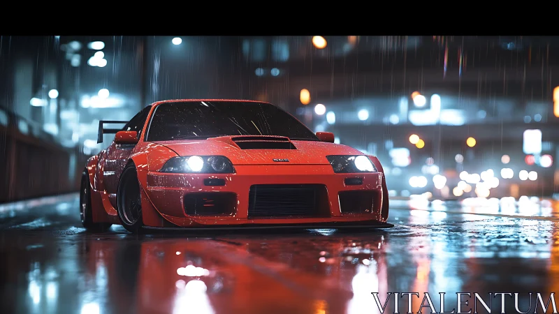 Red tuner car glows on wet neon city night street.