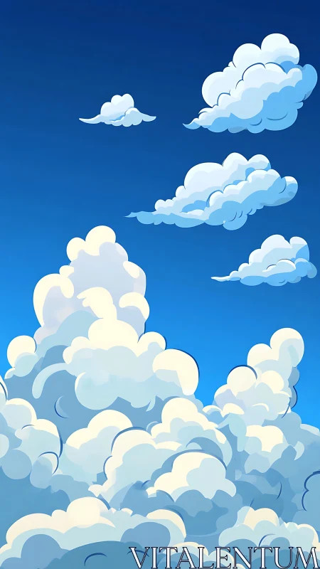 Layered cartoon clouds under clear blue sky.