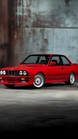 Photorealistic red BMW coupe against industrial concrete wall.