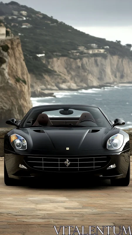 Black convertible sports car at coastal cliff viewpoint.