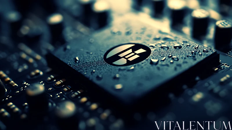 Watercooled microchip closeup on futuristic circuit board.