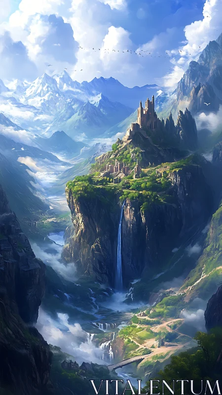 Mountain citadel overlooks vast waterfalls and cloud valleys.