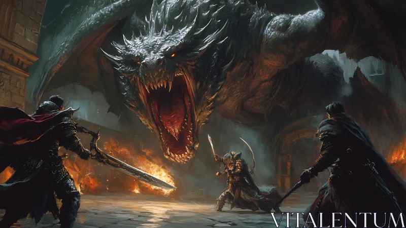 Dragonfire standoff with three doomed heroes in blazing ruins.