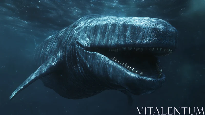 Abyssal titan whale glides with a cavernous, gleaming maw.
