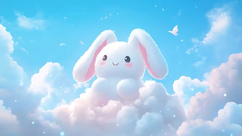 Digital illustration shows stylized white rabbit figure in clouds