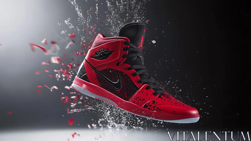 Scarlet sneaker rockets through shards and liquid energy.