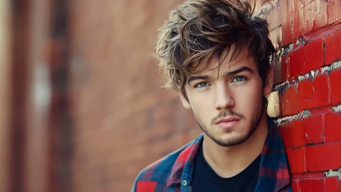 Urban portrait of young man beside weathered red brick wall.