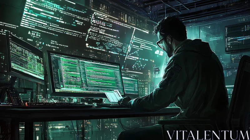 Midnight code architect bends neon data into secret shapes