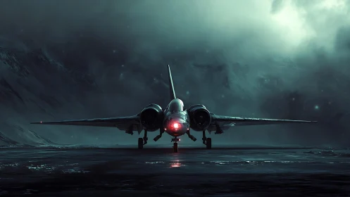 Stealth jet poised on icy runway beneath stormy sky.
