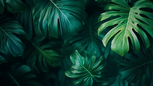 Lush emerald monstera leaves in a calm jungle embrace.
