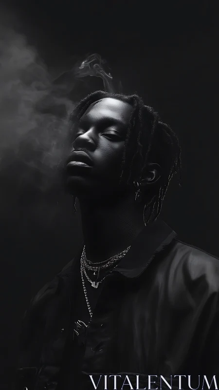 Moody monochrome portrait immerses a lone figure in smoke.