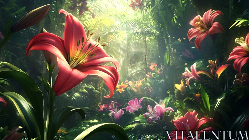 Macro floral composition renders luminous lilies in jungle light