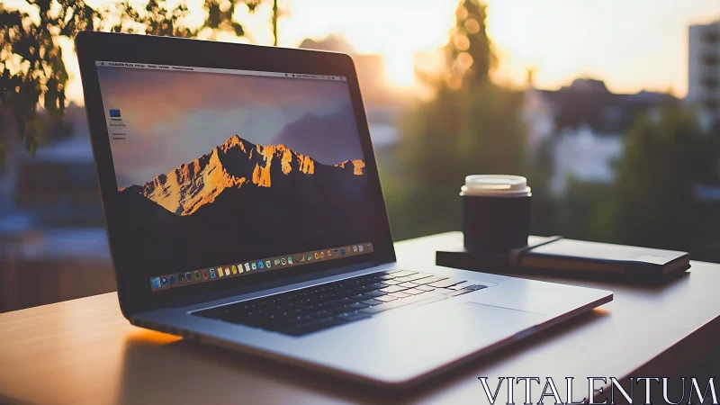 Sunlit laptop sanctuary with coffee and calm horizon glow.