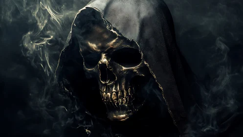 Hooded golden skull emerges from swirling dark smoke.