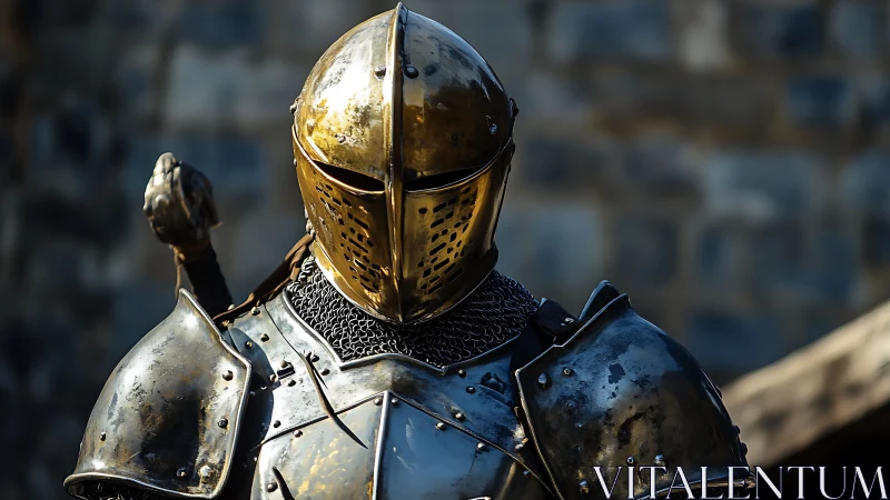 Photorealistic close-up of medieval knight in weathered plate armor.