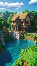 Voxel lakeside house rendered with high dynamic lighting detail