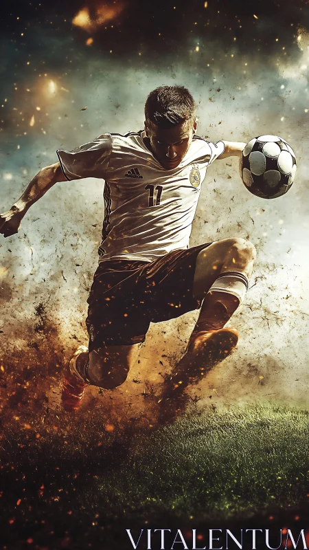 Explosive soccer kick captures dynamic midair motion.