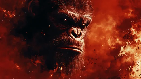 Simian warlord emerges from inferno-clouds of burning dusk.