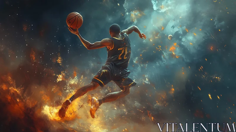 Basketball player in midair above abstract fiery court.
