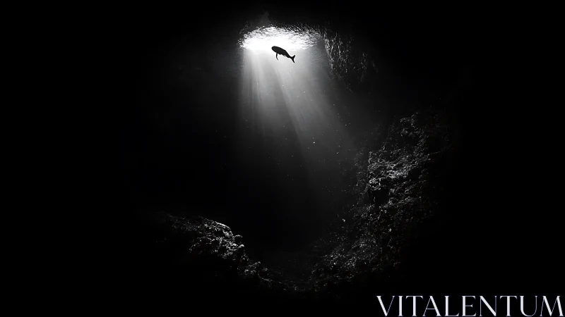 Subaquatic cavern void with silhouetted fish in volumetric rays.
