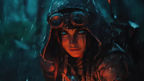 Cinematic cyberpunk scout with rain-soaked hood and goggles