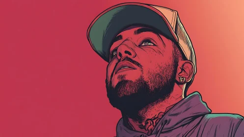 Stylized digital portrait of bearded man in cap on red field.