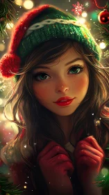Digital portrait of girl in Christmas hat with festive lights.
