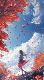 Autumn wind carries a lone girl beneath soaring crimson leaves