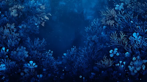 Digital blue-toned seabed scene shows stylized marine flora