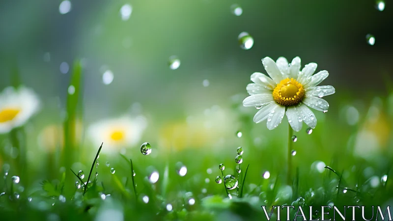 Dewy Daisy Macro: Shallow Depth in Verdant Field.