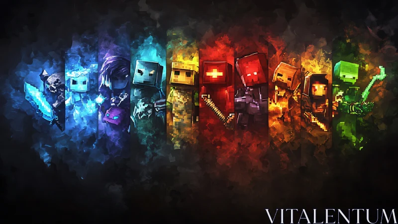 Voxel combatants arranged in chromatic elemental spectrum.