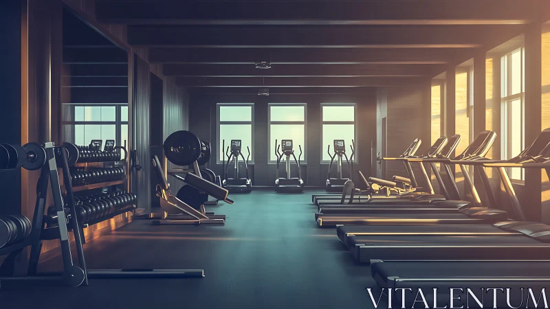 Modern empty gym interior with treadmills and weights equipment.