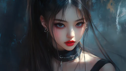 Nocturne siren with crimson gaze in misted neon gloom.