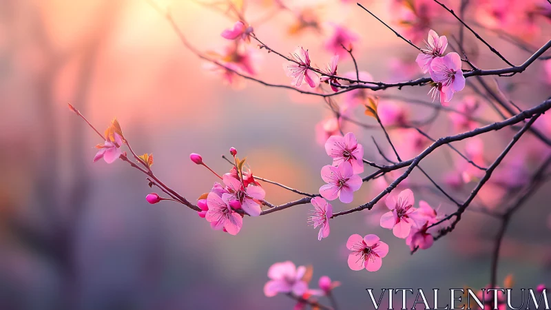 Pink blossoms on branches against diffused background.