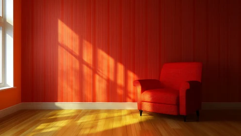 Sunlit red armchair in minimalist interior corner scene.