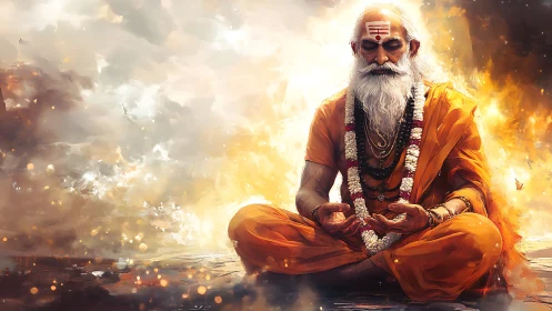 Elderly robed figure in seated pose against fiery backdrop.