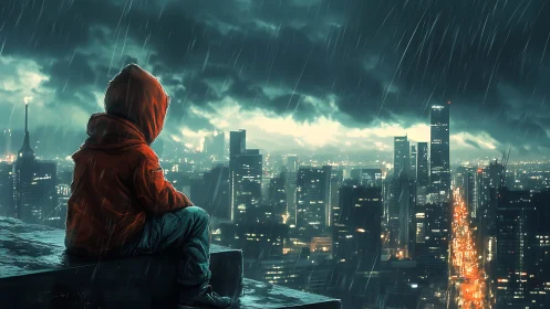 Hooded figure overlooking illuminated city in heavy rain.