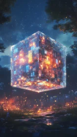 High-detail luminous data cube levitates above a misty forest