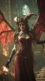 Demonic queen strides through burning cathedral ruins.