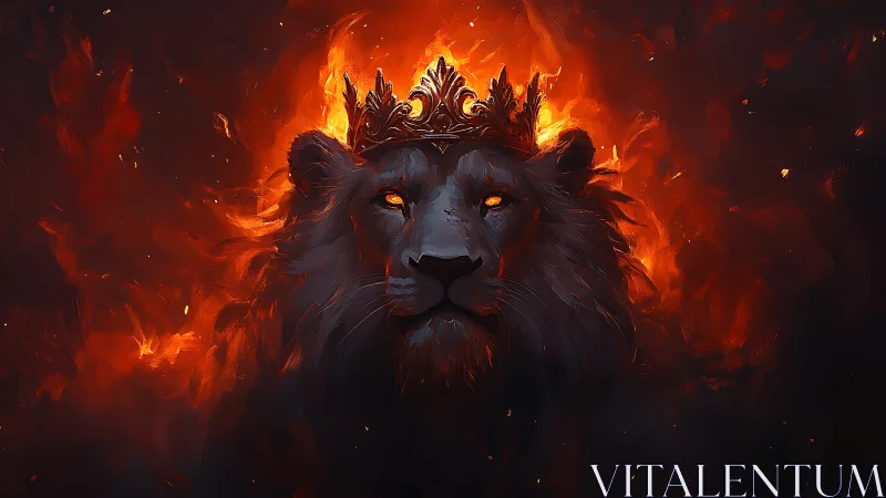 Majestic crowned lion glows with fierce firelit power