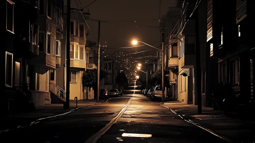 Quiet city street climbs into warm amber night lights.